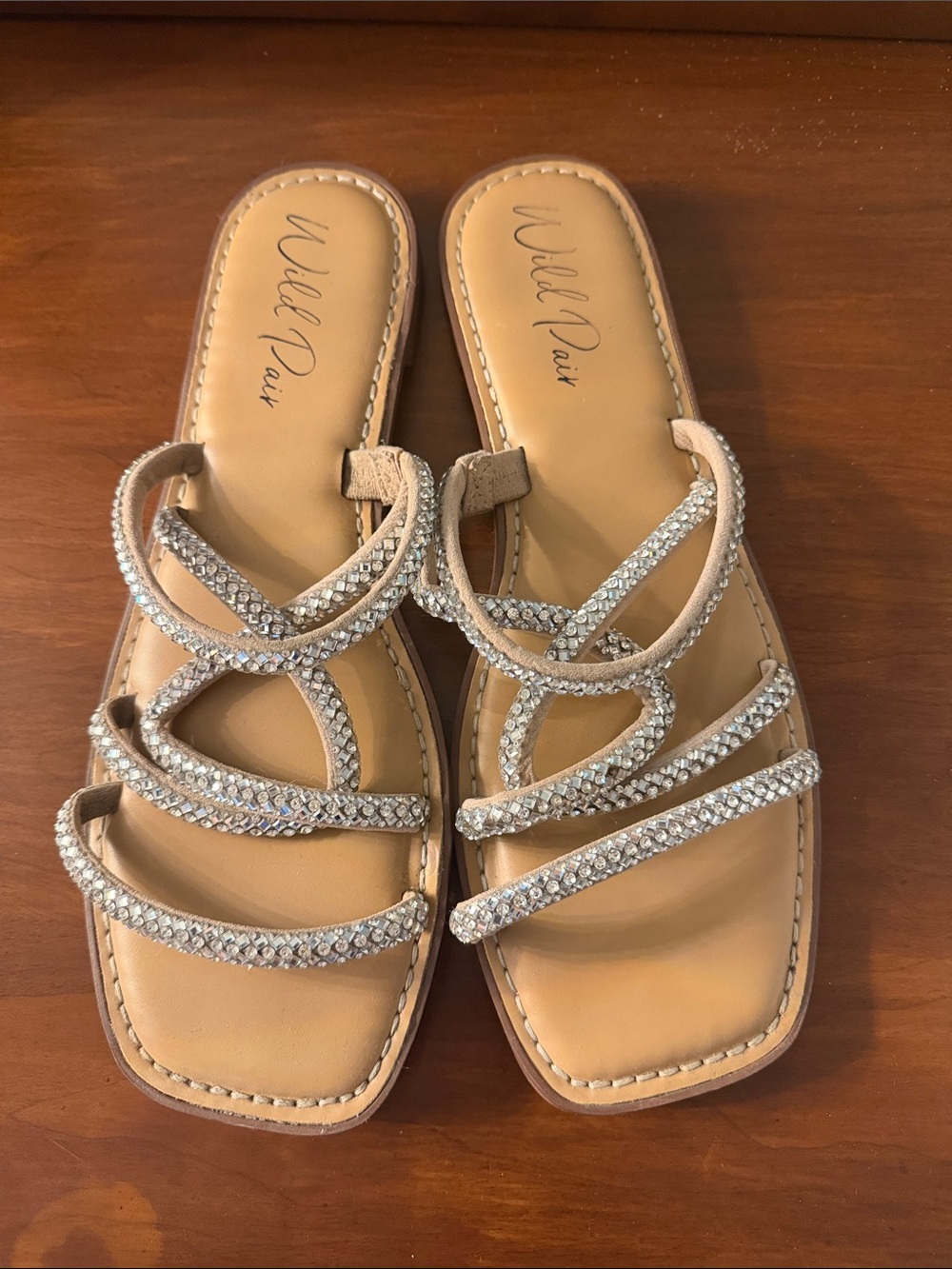 Wild Pair Nude/Tan Crystal Strap Slide Sandals